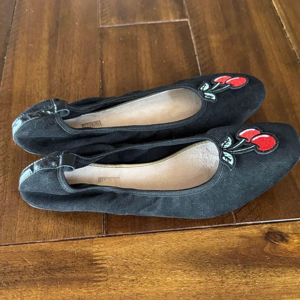 Chic Black Flats with Cherry Embroidery